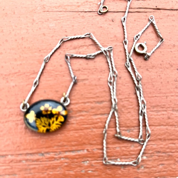 Pressed Flower Necklace, 17 Inch, Delicate Silver Chain, Vintage 1950's - Picture 2 of 8